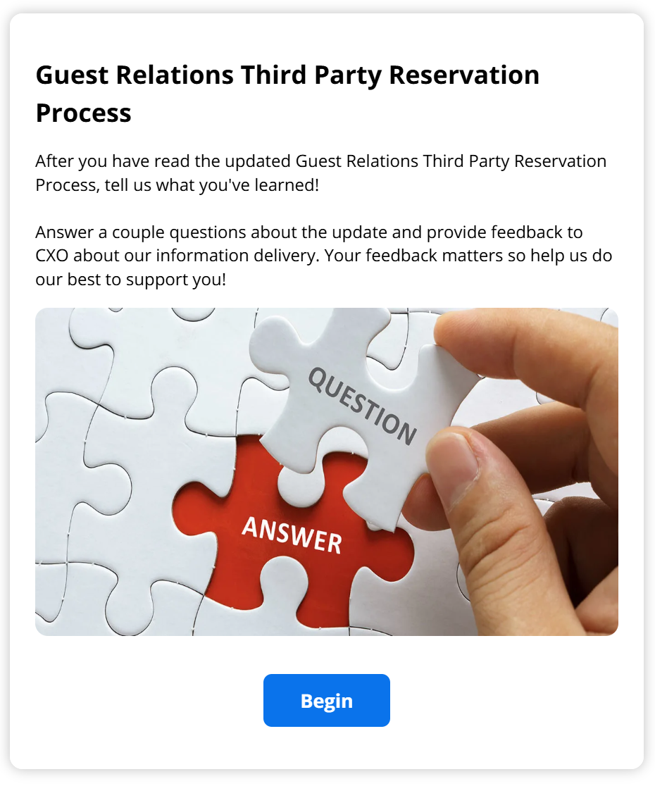 Screenshot of an IHG internal quiz titled "Guest Relations Third Party Reservation Process." It invites employees to answer questions and provide feedback after reading an update.
