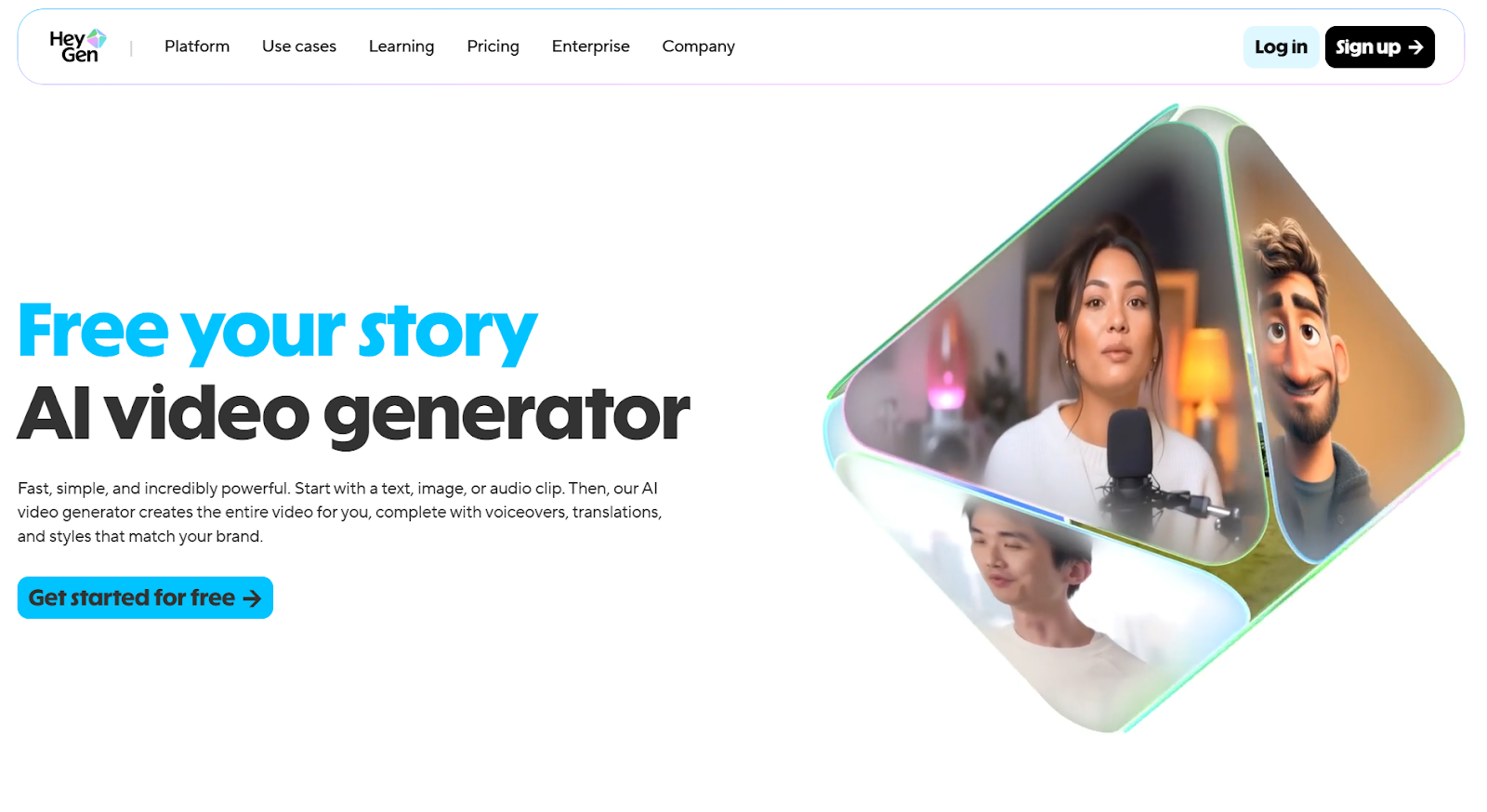 Homepage banner showing HeyGen’s AI video generator with rotating video previews and a headline promoting easy video creation.