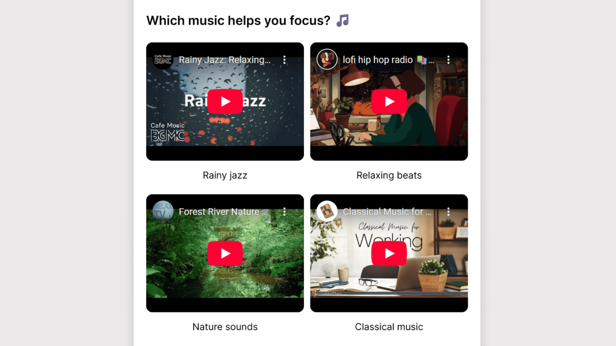 Opinion Stage video poll showing four music options: rainy jazz, relaxing beats, nature sounds, and classical music, each displayed as a video thumbnail.