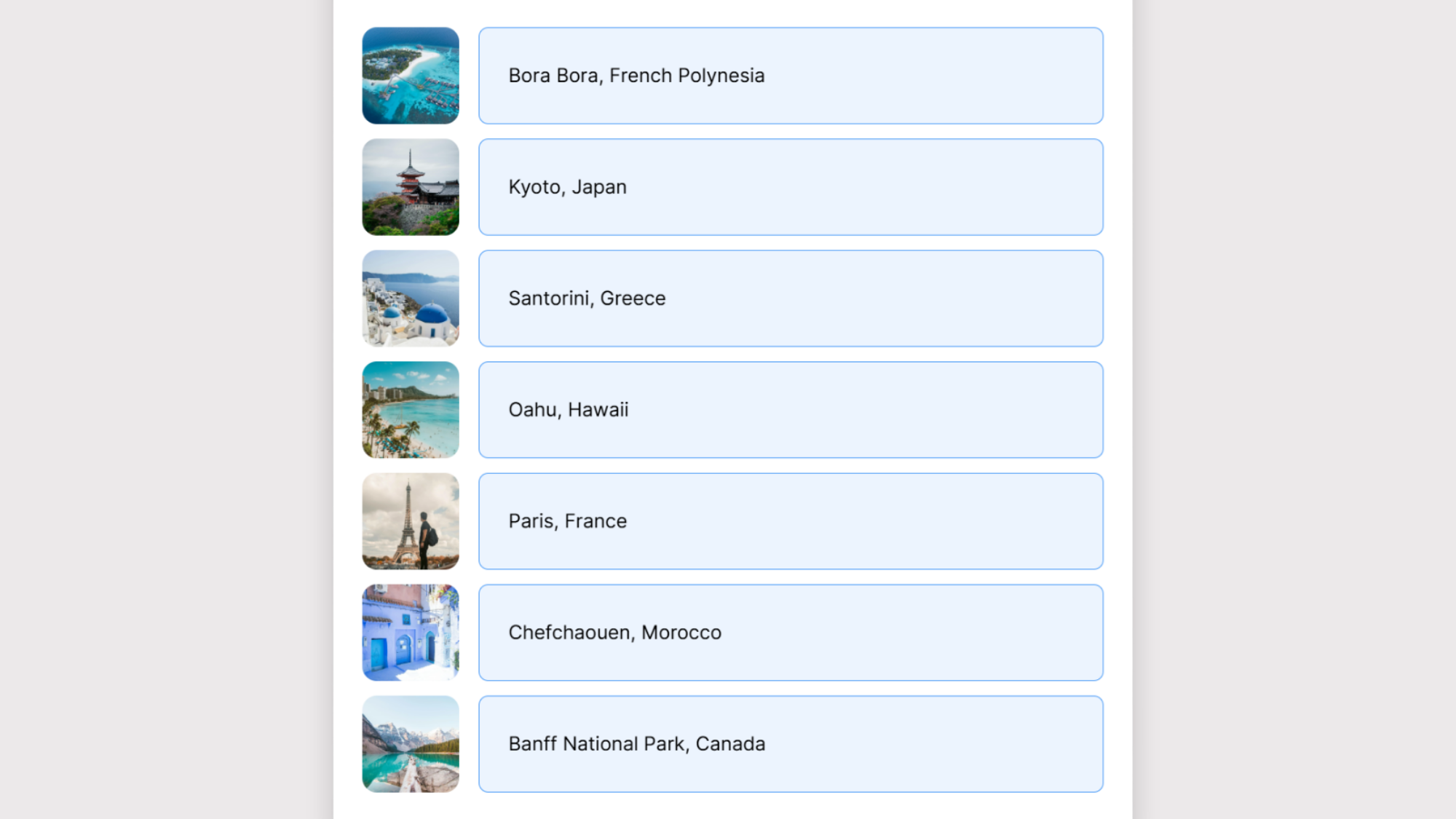 Opinion Stage thumbnail poll showing travel destinations including Bora Bora, Kyoto, Santorini, Oahu, Paris, Chefchaouen, and Banff National Park, each with a small thumbnail image.