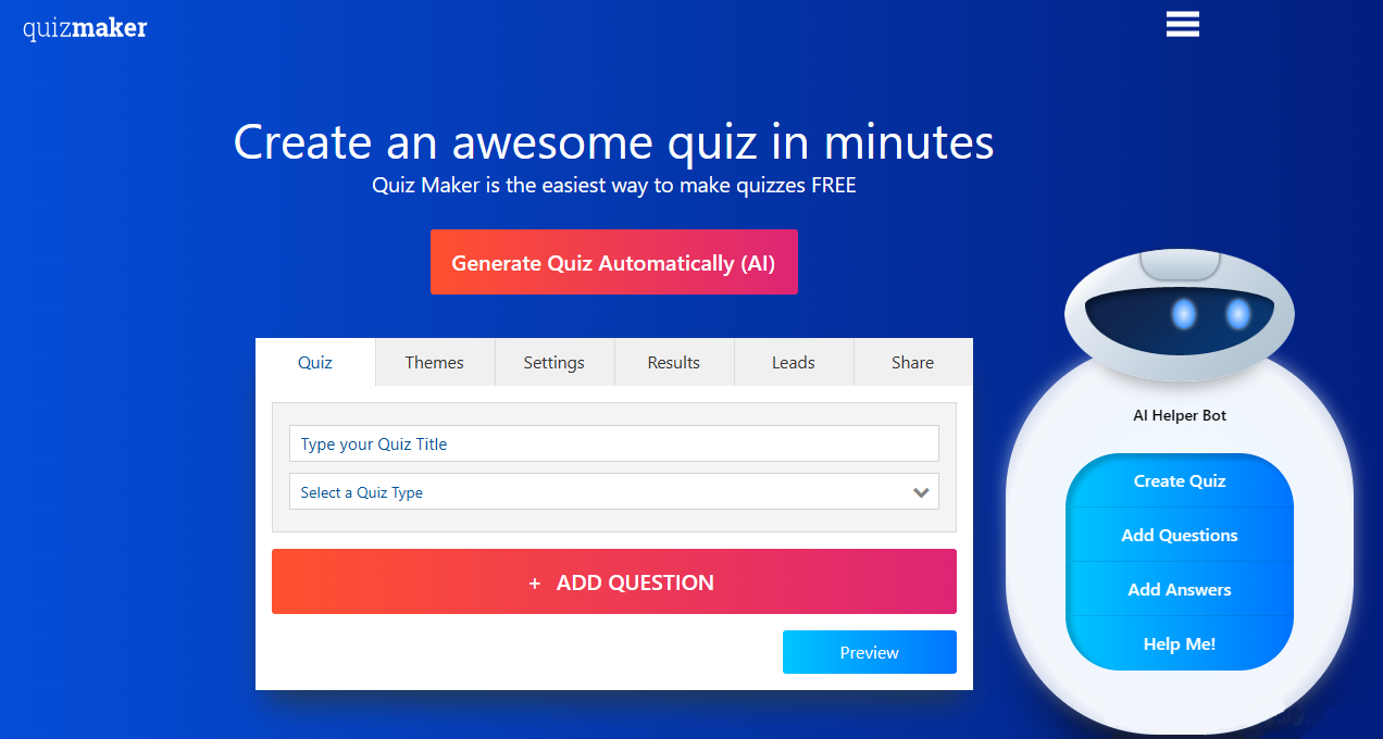 Screenshot of Quiz Maker's website with its AI creation tool.