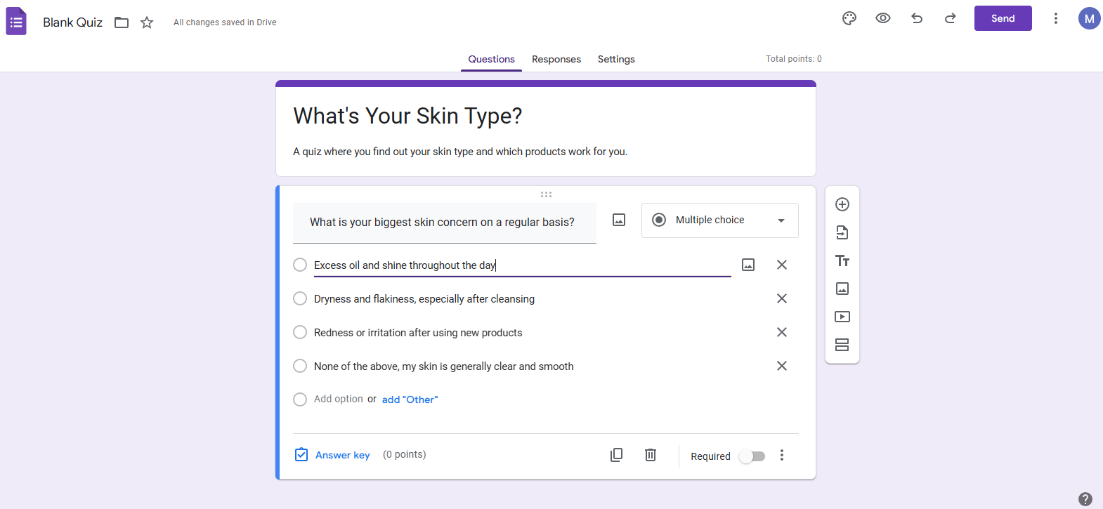 Screenshot of Google Forms' quiz template.