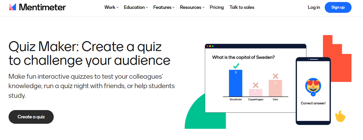 Screenshot of Mentimeter's quiz maker website.