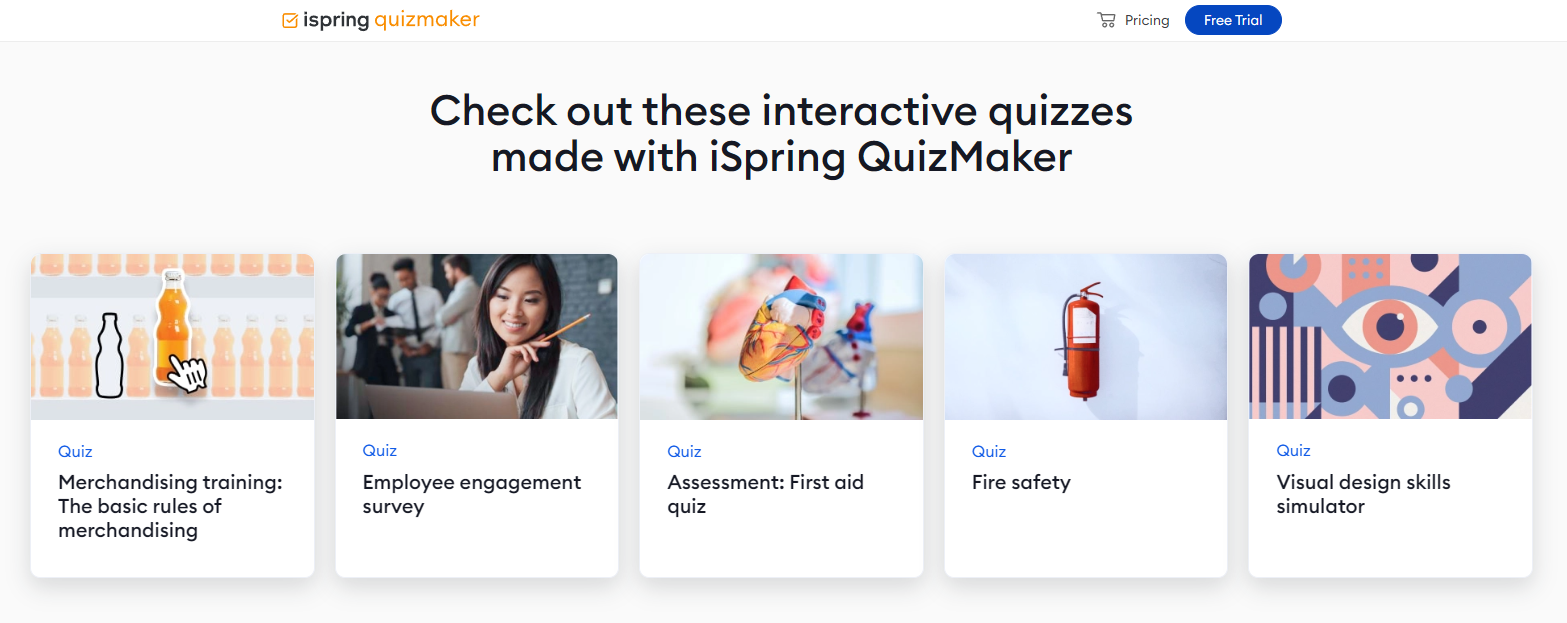 You can create different types of quizzes with the iSpring QuizMaker.