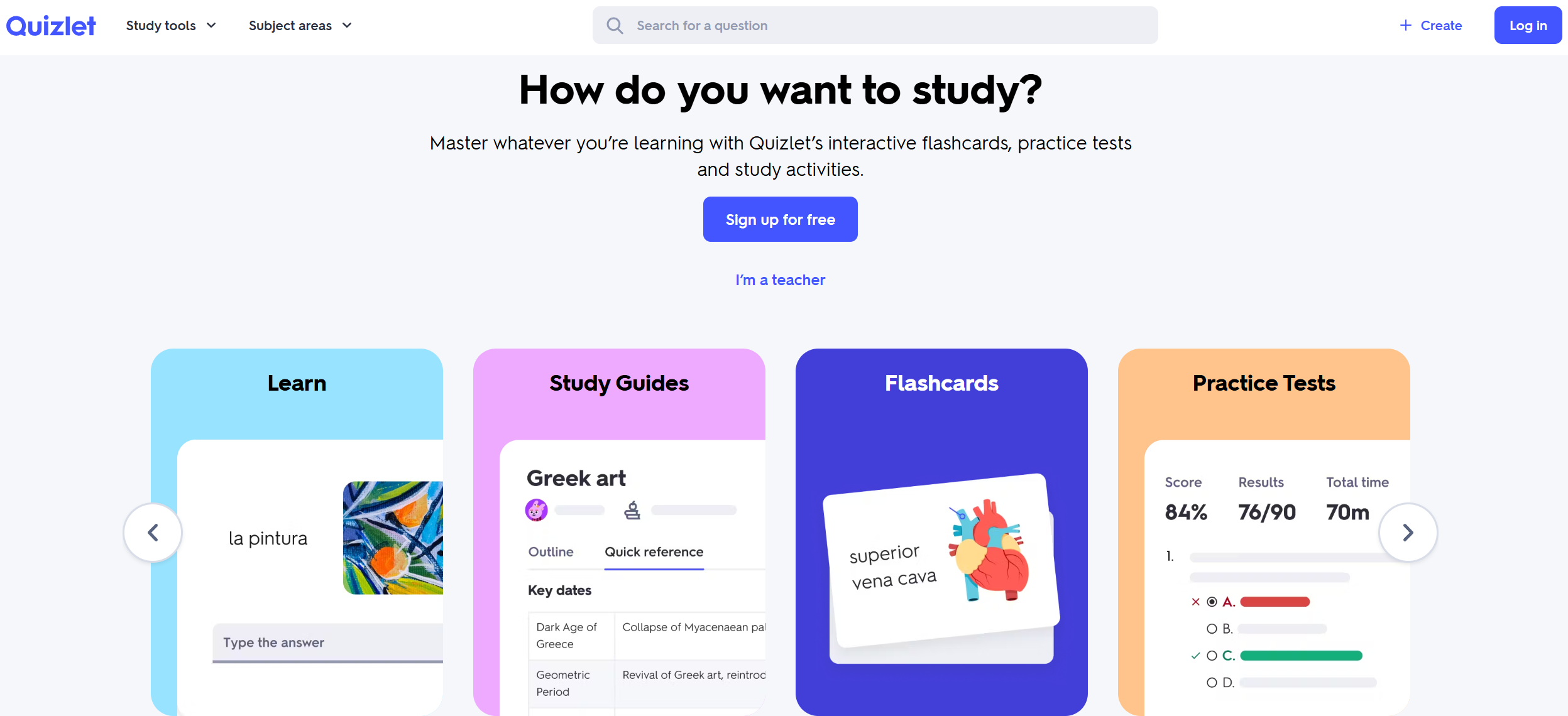Screenshot of Quizlet's homepage, used in an article about the best online quiz makers.