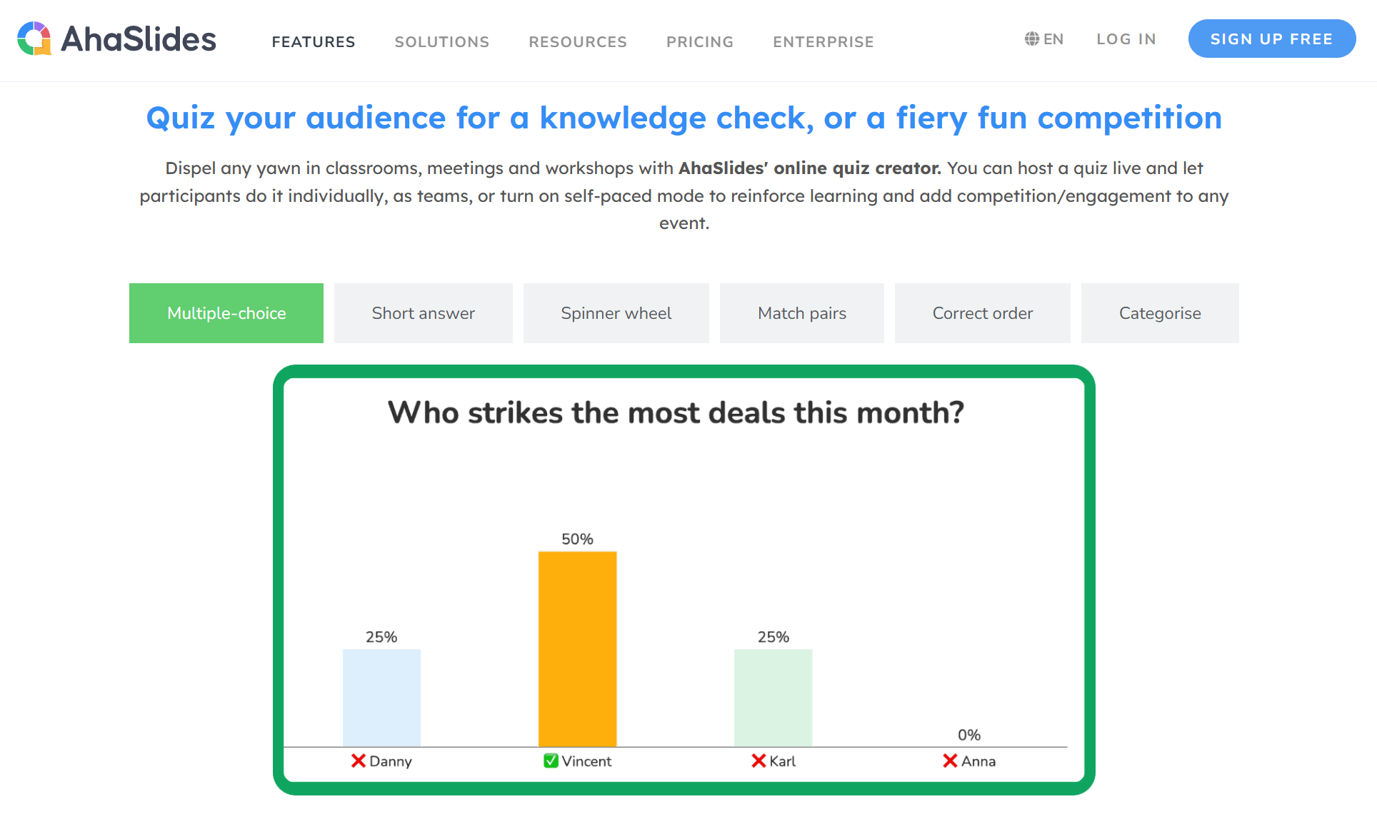 Screenshot of AhaSlides's homepage, used in an article about the best online quiz makers.