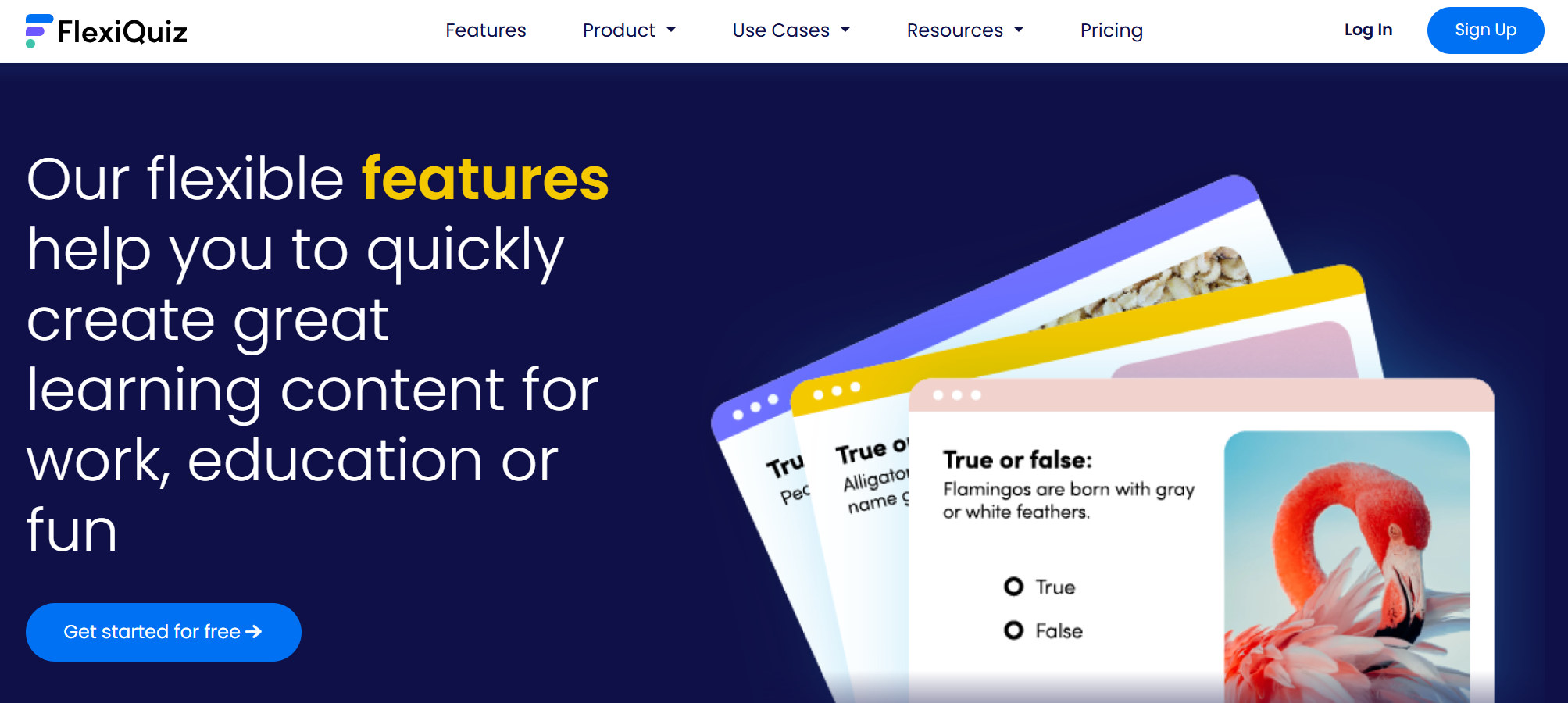 Screenshot of FlexiQuiz's homepage, used in an article about the best online quiz makers.