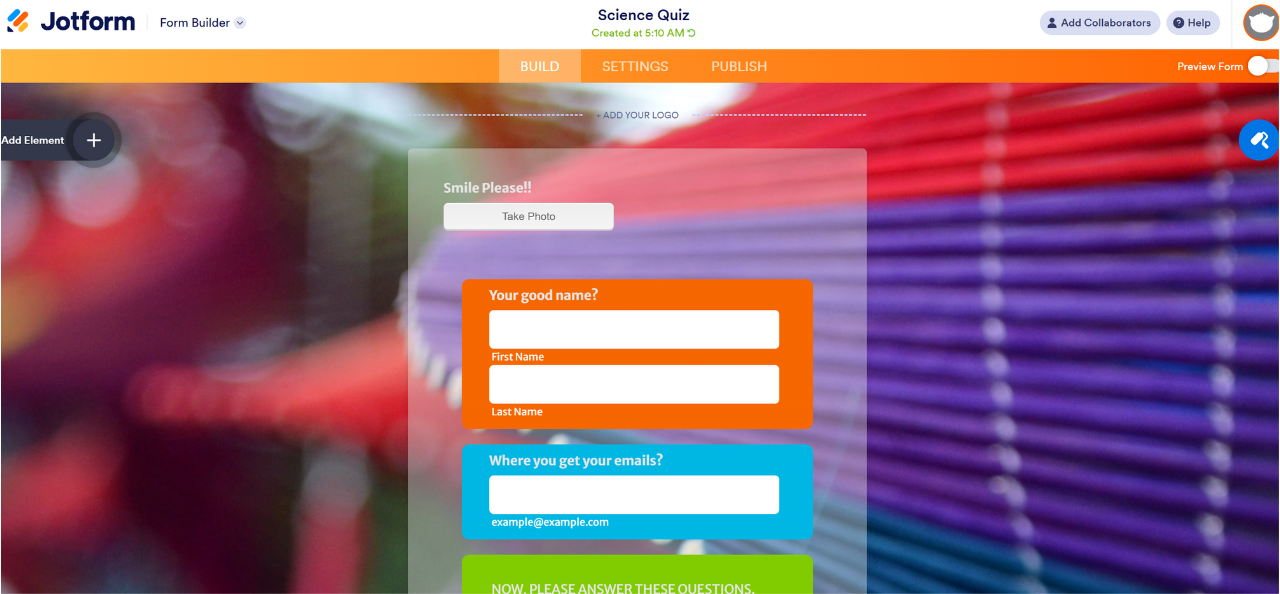 Screenshot of Jotform's interface, used in an article about the best online quiz makers.