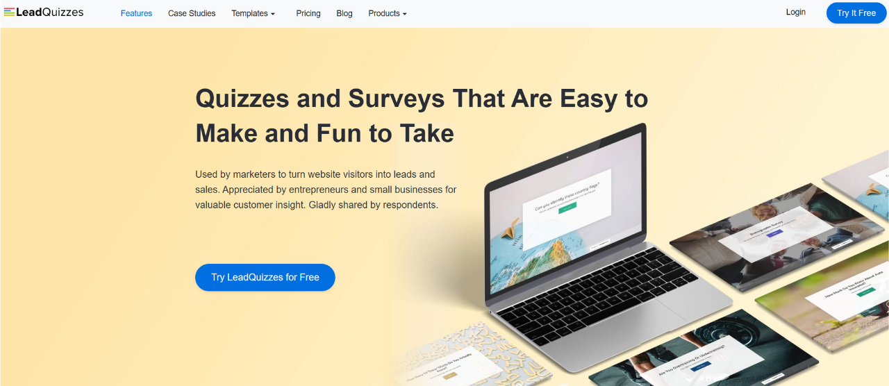 Screenshot of the LeadQuizzes website, used in an article about the best online quiz makers.
