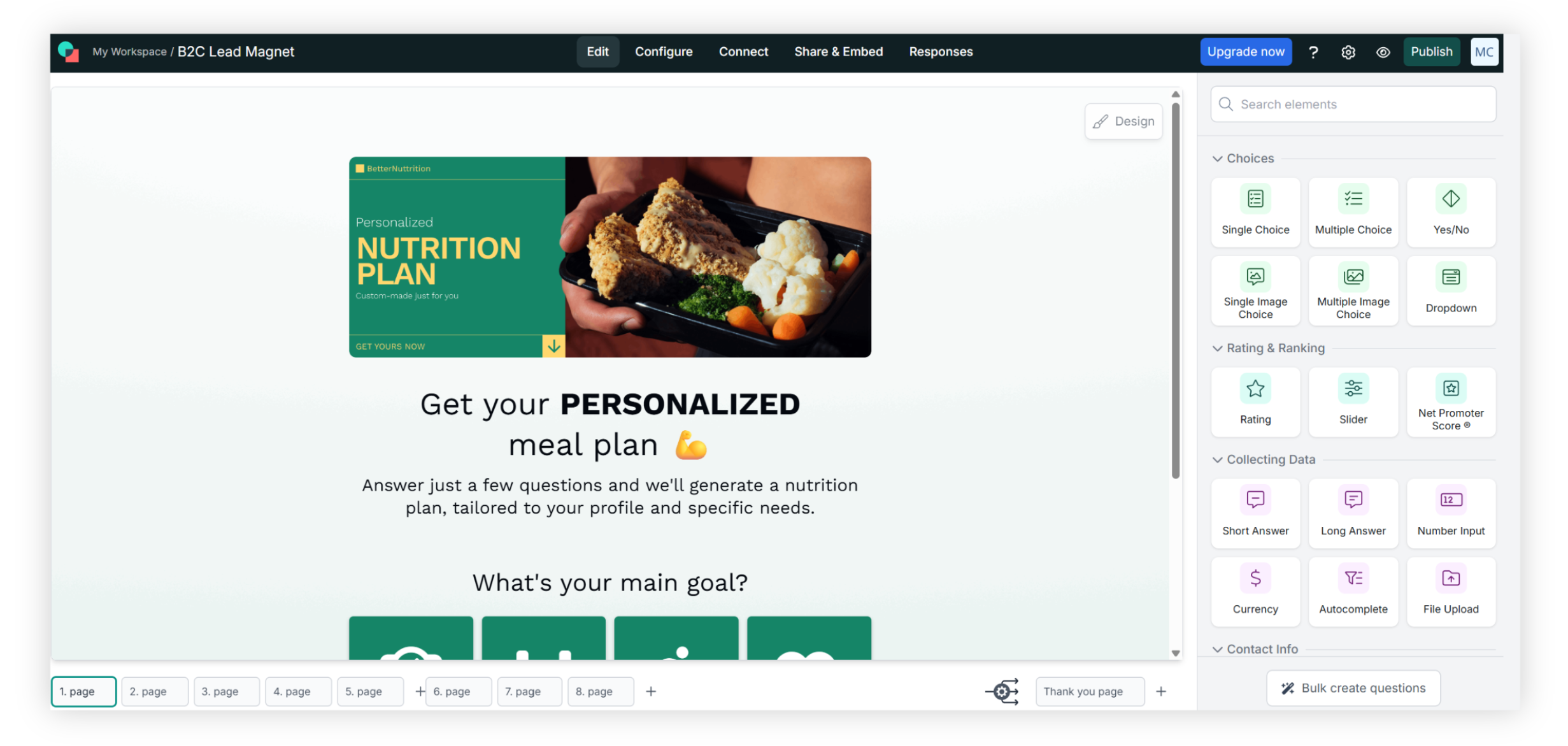 Screenshot of the involve.me quiz builder interface showing a personalized nutrition plan quiz. The screen displays a welcome message inviting users to answer questions to receive a custom meal plan, along with an image of a healthy food container. On the right, various question types are available, including multiple choice, image choice, rating, and short answer options.