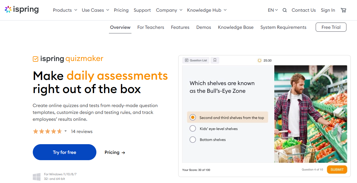 iSpring QuizMaker homepage showing tagline ‘Make daily assessments right out of the box,’ features description, star ratings, and a sample quiz question about grocery store shelf placement next to an image of a man shopping for vegetables.