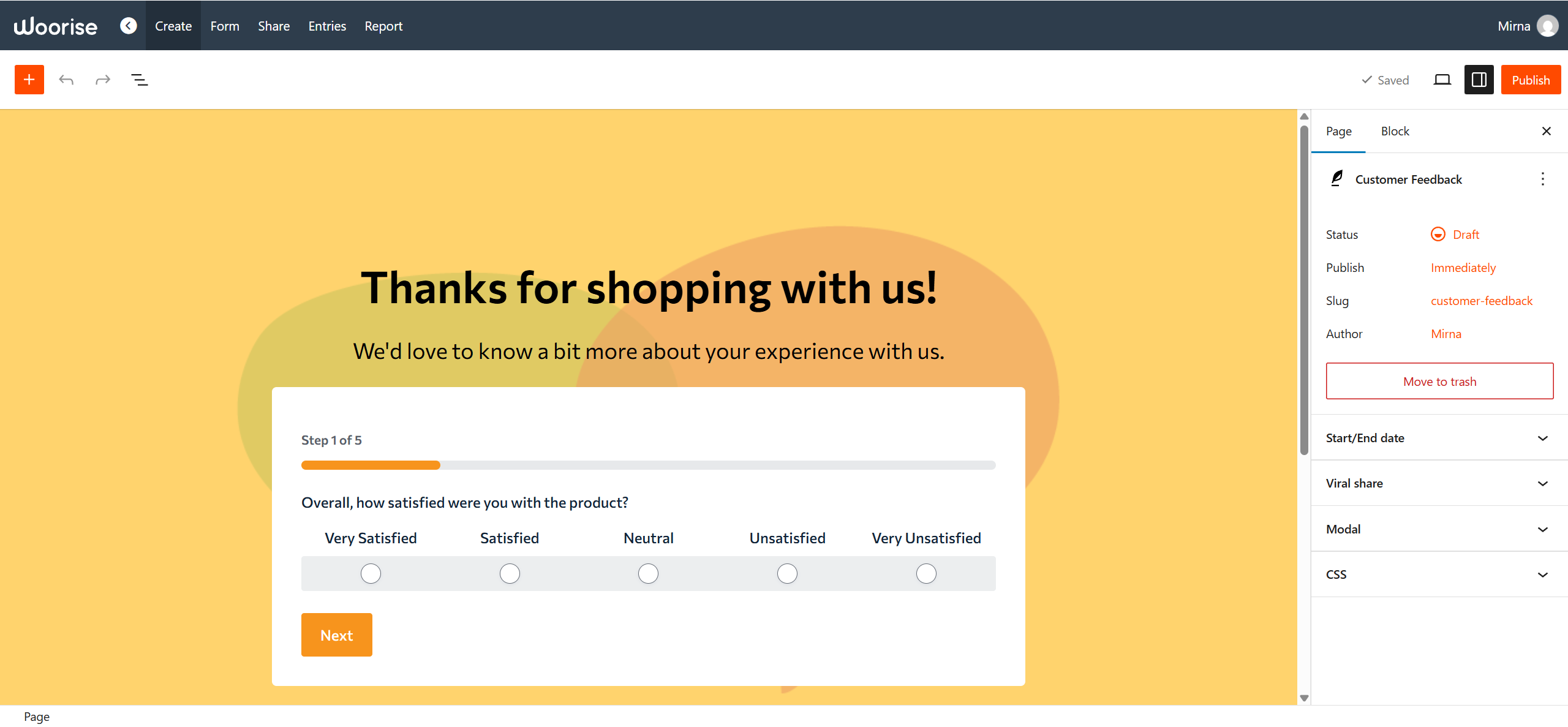 Woorise editor interface showing a customer feedback form with a satisfaction question and a progress bar.