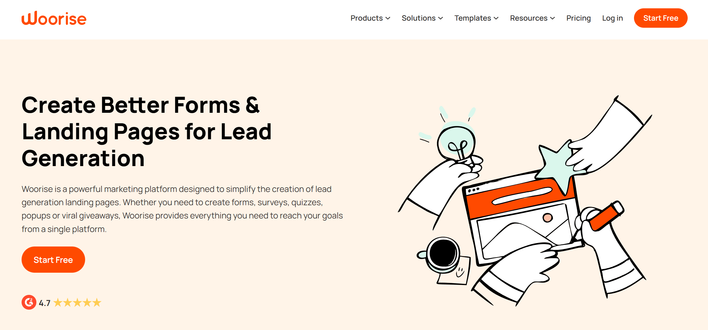Homepage hero for Woorise showing a headline about creating lead generation forms and landing pages alongside an illustration of people building a web page.