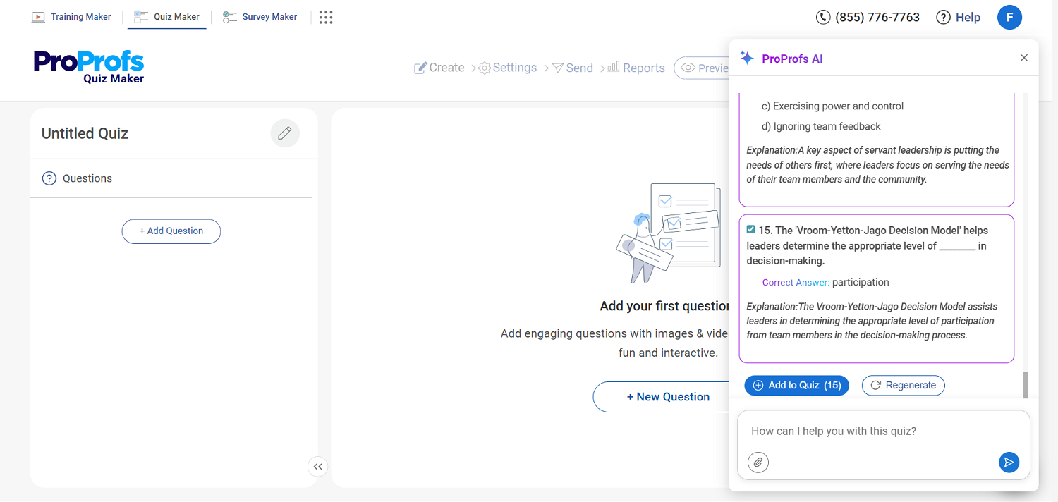 Screenshot of the ProProfs Quiz Maker interface showing the AI tool generating quiz questions and answers about leadership, with options to add or regenerate questions on the right-hand panel.