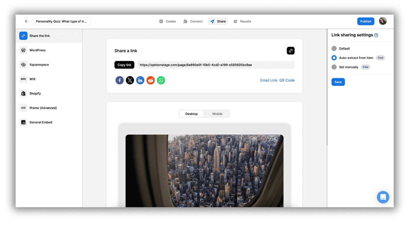 Screenshot of the Opinion Stage Share tab showing the option to copy a quiz link, share to social platforms, and adjust link sharing settings, with platform-specific embed options listed on the left.