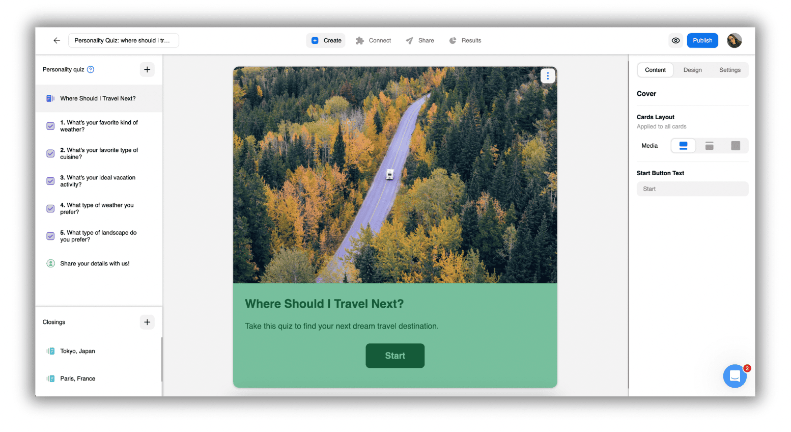 Screenshot of the Opinion Stage quiz builder showing a ‘Where Should I Travel Next?’ personality quiz with questions listed on the left, a large cover image of a road through a forest in the center, and customization options on the right.