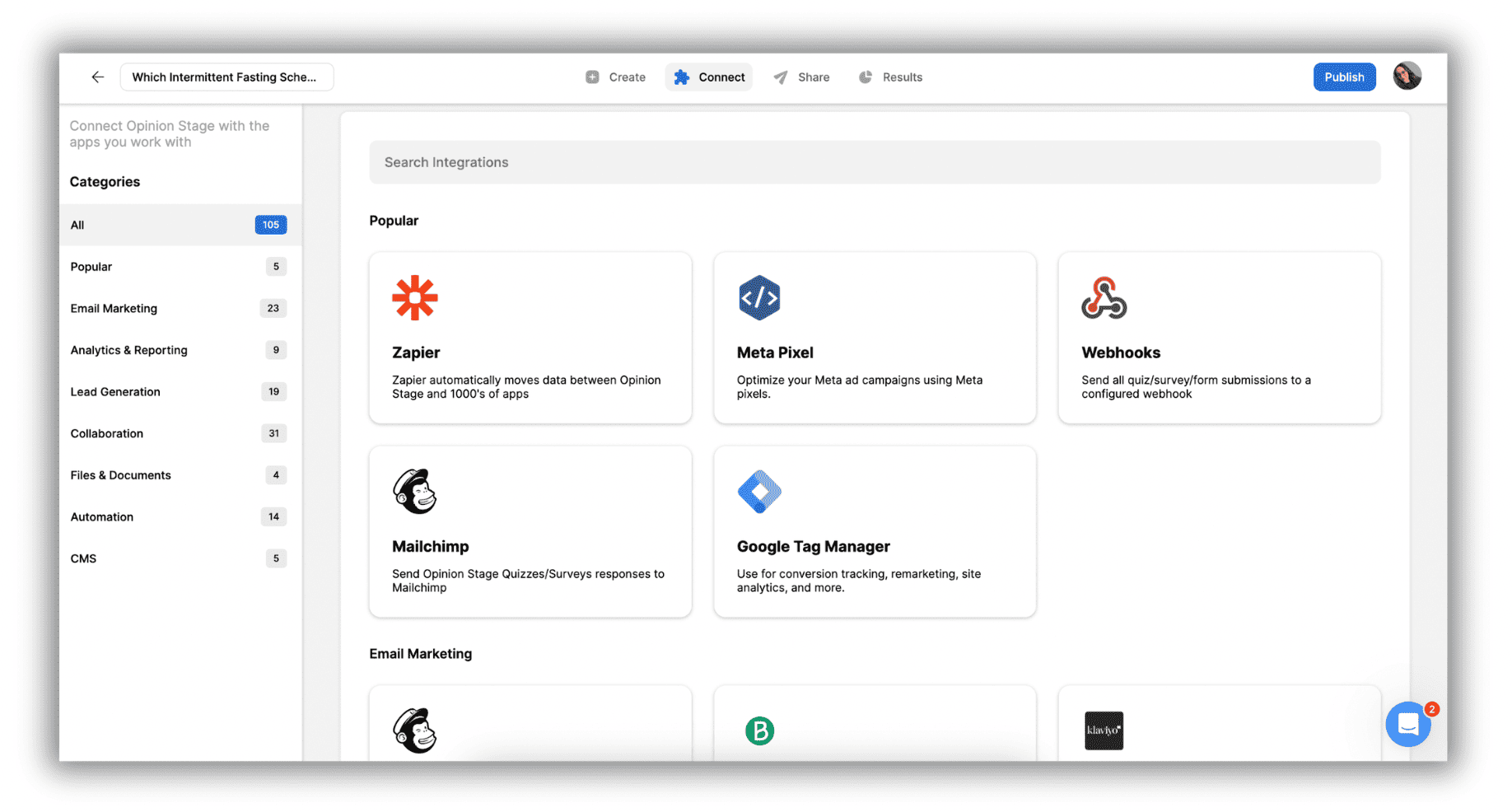 Screenshot of the Opinion Stage Connect tab showing available integrations, including Zapier, Meta Pixel, Webhooks, Mailchimp, and Google Tag Manager, with categories listed on the left.