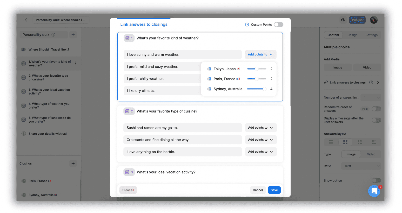 Screenshot of the Opinion Stage quiz builder showing the ‘Link answers to closings’ panel, where answer choices are assigned custom points to different quiz results like Tokyo, Paris, and Sydney.