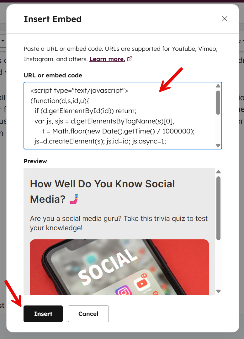 Screenshot of the HubSpot ‘Insert Embed’ popup showing the quiz embed code pasted into the embed field and a preview of the quiz below, with the ‘Insert’ button highlighted.