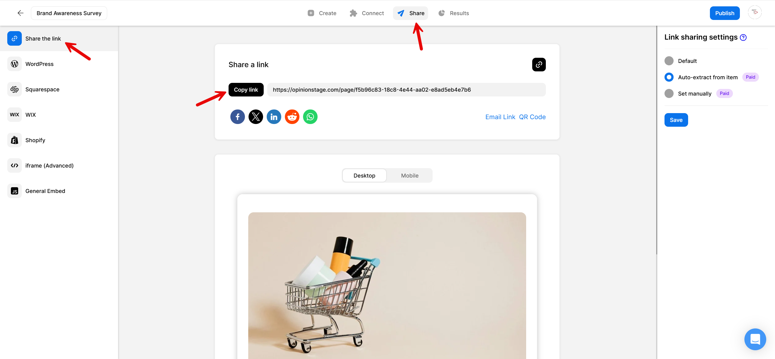 Opinion Stage Share screen showing the ‘Share the link’ option, the Copy Link button, social share icons, and a preview of the Brand Awareness Survey with link-sharing settings on the right.