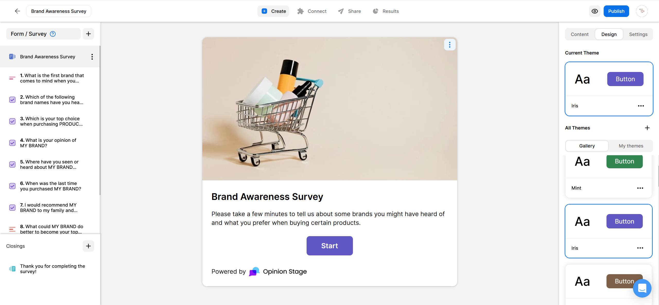 Opinion Stage editor showing a Brand Awareness Survey with a shopping cart image, survey description, Start button, the list of questions on the left, and theme customization options on the right.