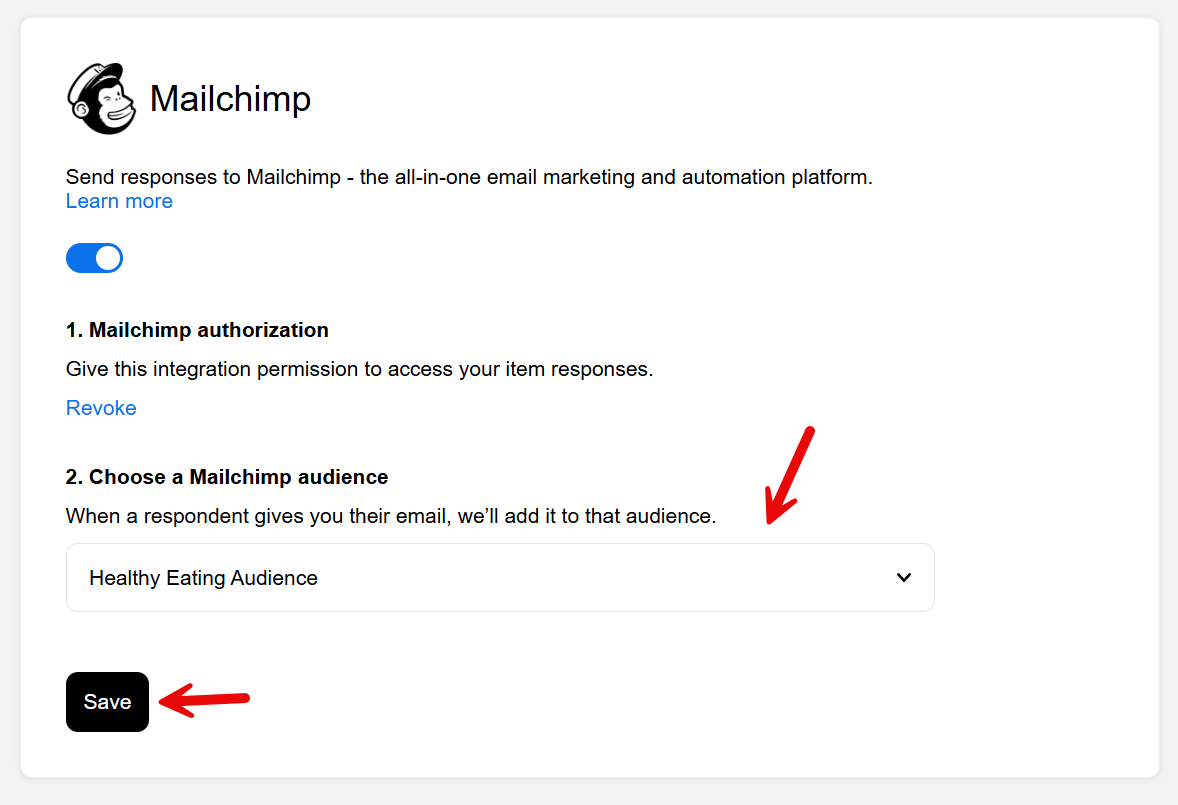 Screenshot of the Mailchimp integration settings in Opinion Stage showing Mailchimp authorization enabled and an audience selection dropdown menu.