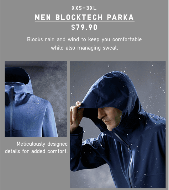 Man wearing a navy Uniqlo BlockTech Parka with water droplets on the fabric, demonstrating its rain- and wind-resistant design for comfort and breathability.