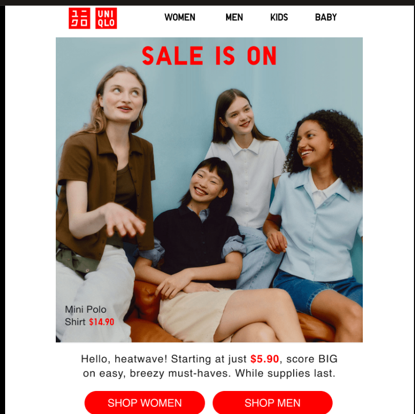 Four women smiling and wearing Uniqlo short-sleeve shirts in neutral and pastel colors, promoting the Uniqlo summer sale with mini polo shirts.