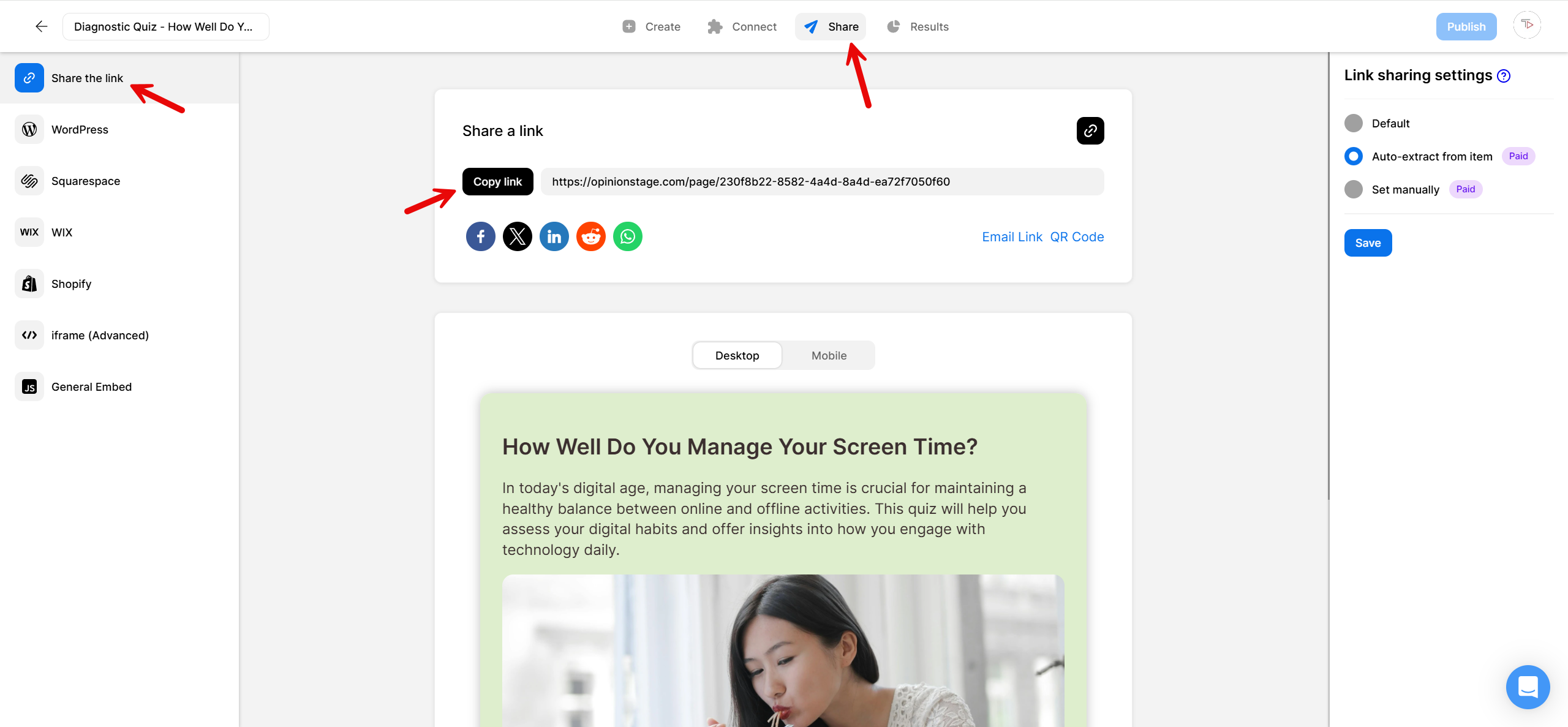 Screenshot of an Opinion Stage quiz share screen showing the ‘Share the link’ option selected, a copy-link button with the generated URL, social sharing icons, and link-sharing settings on the right.