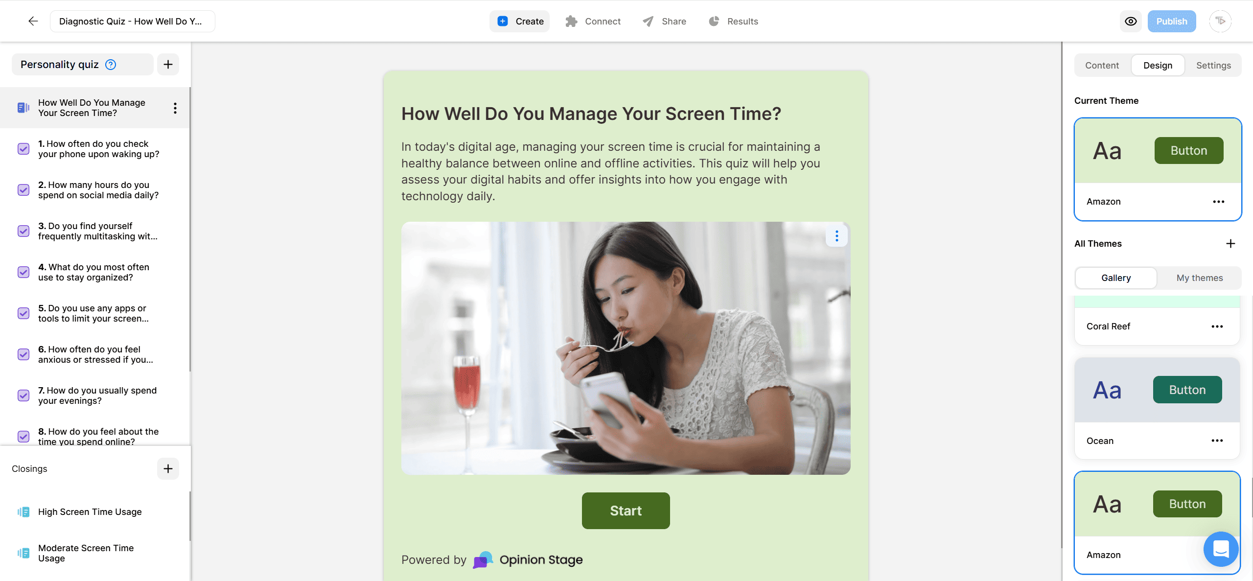 Screenshot of an Opinion Stage personality quiz titled ‘How Well Do You Manage Your Screen Time?’ showing an intro card with a woman eating while looking at her phone, a Start button, and the quiz question list on the left.