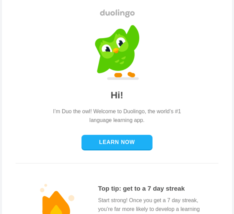 Duolingo welcome email featuring Duo the owl greeting new users and encouraging them to start learning languages with the app.