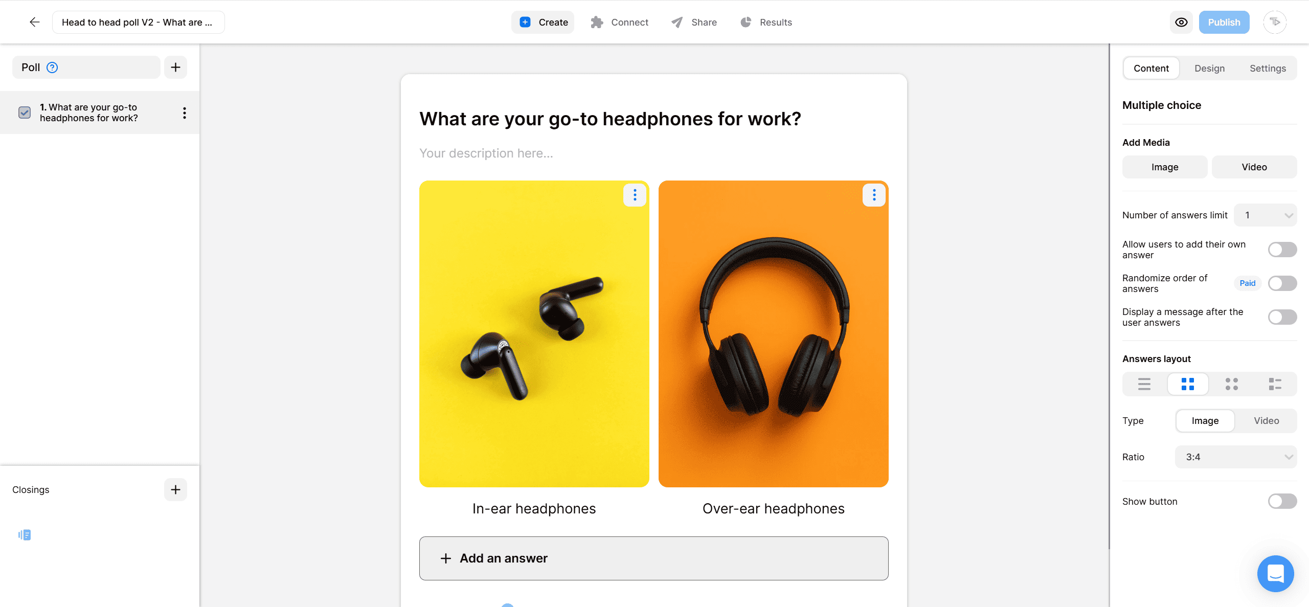 Screenshot of the Opinion Stage Builder V2 interface showing a head-to-head poll titled ‘What are your go-to headphones for work?’ with two answer options: in-ear headphones on a yellow background and over-ear headphones on an orange background. The right-hand panel displays content and design settings, including image type, answer layout, and customization options.