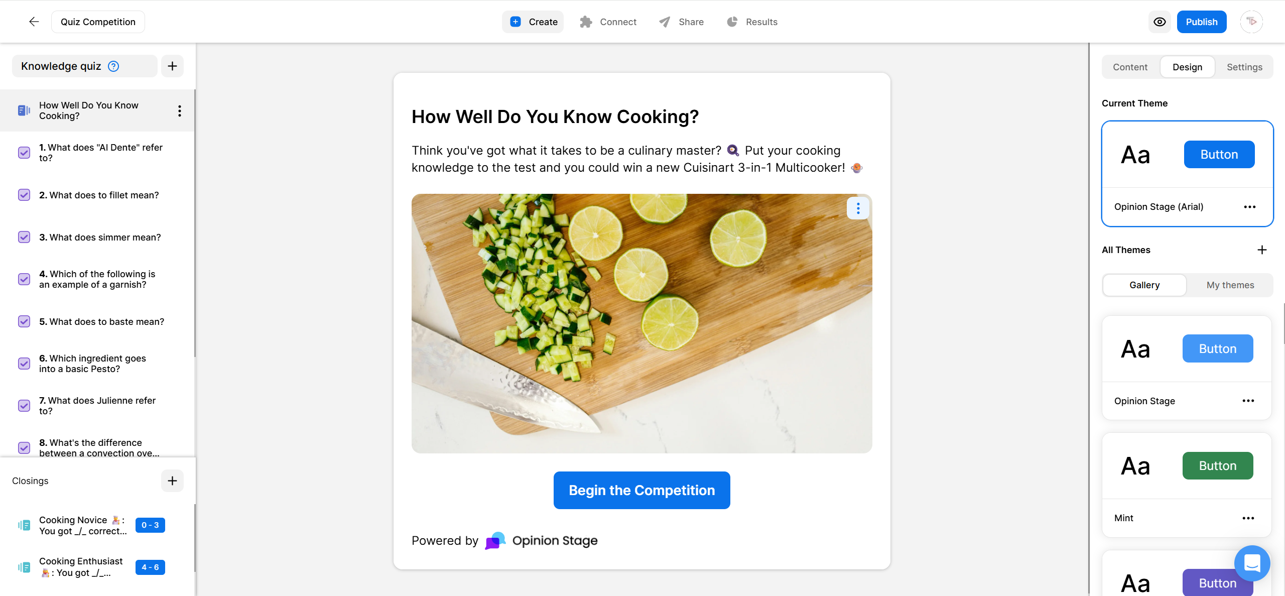 Screenshot of the Opinion Stage quiz editor showing a knowledge quiz titled “How Well Do You Know Cooking?” The quiz description invites users to test their culinary knowledge for a chance to win a Cuisinart 3-in-1 Multicooker.