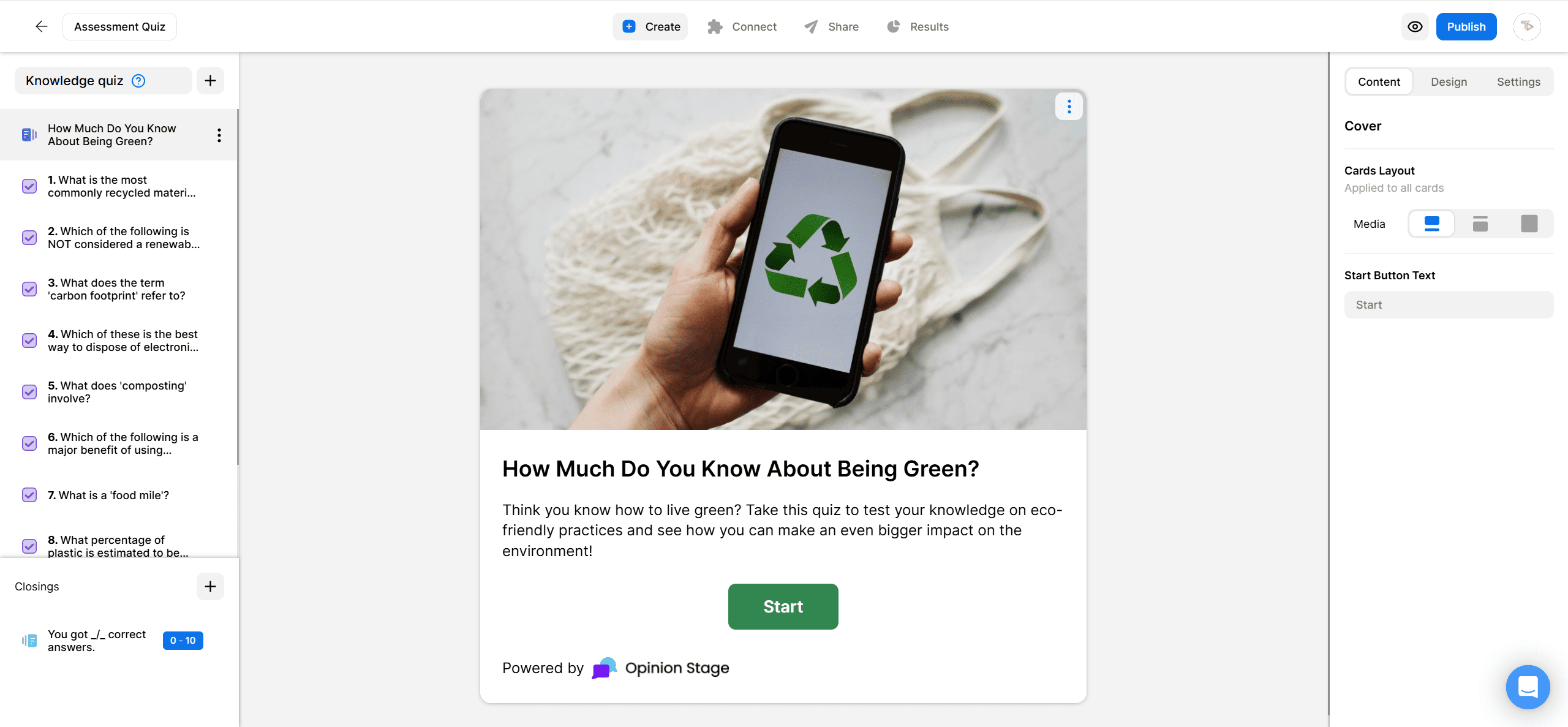 Screenshot of the Opinion Stage quiz editor showing a knowledge quiz titled “How Much Do You Know About Being Green?” The description invites users to test their knowledge on eco-friendly practices and ways to reduce their environmental impact. The cover image shows a hand holding a smartphone displaying a green recycling symbol, placed on a light surface with a reusable tote bag in the background.