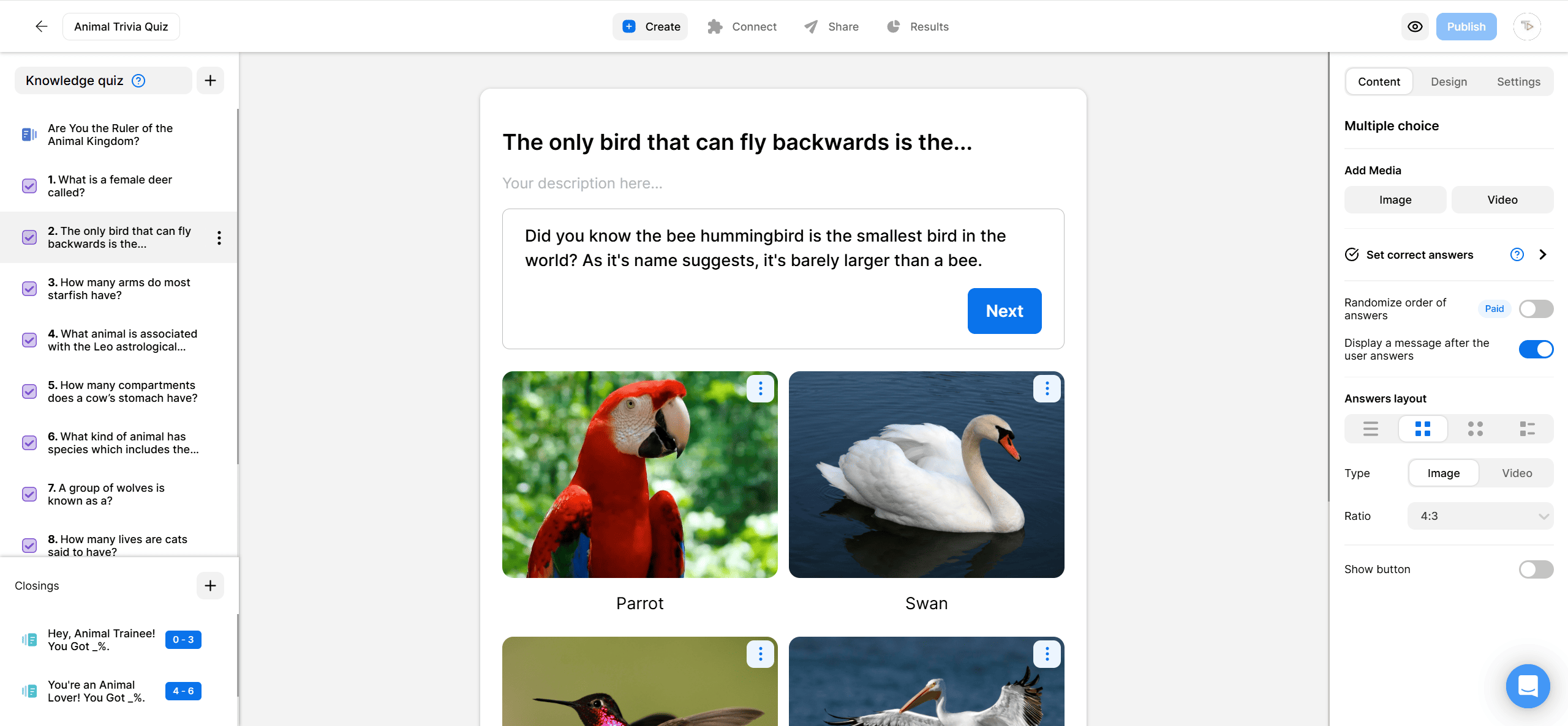 Screenshot of an Opinion Stage knowledge quiz editor showing a question titled ‘The only bird that can fly backwards is the...’ with a description box, a fact message, and image answer options including a parrot and a swan. The left sidebar lists all quiz questions, and the right panel displays settings for multiple-choice answers.
