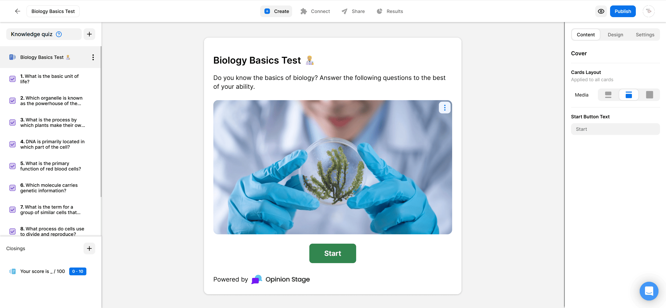 Screenshot of a “Biology Basics Test” knowledge quiz in Opinion Stage, showing a scientist holding a petri dish with green samples and the “Start” button below.