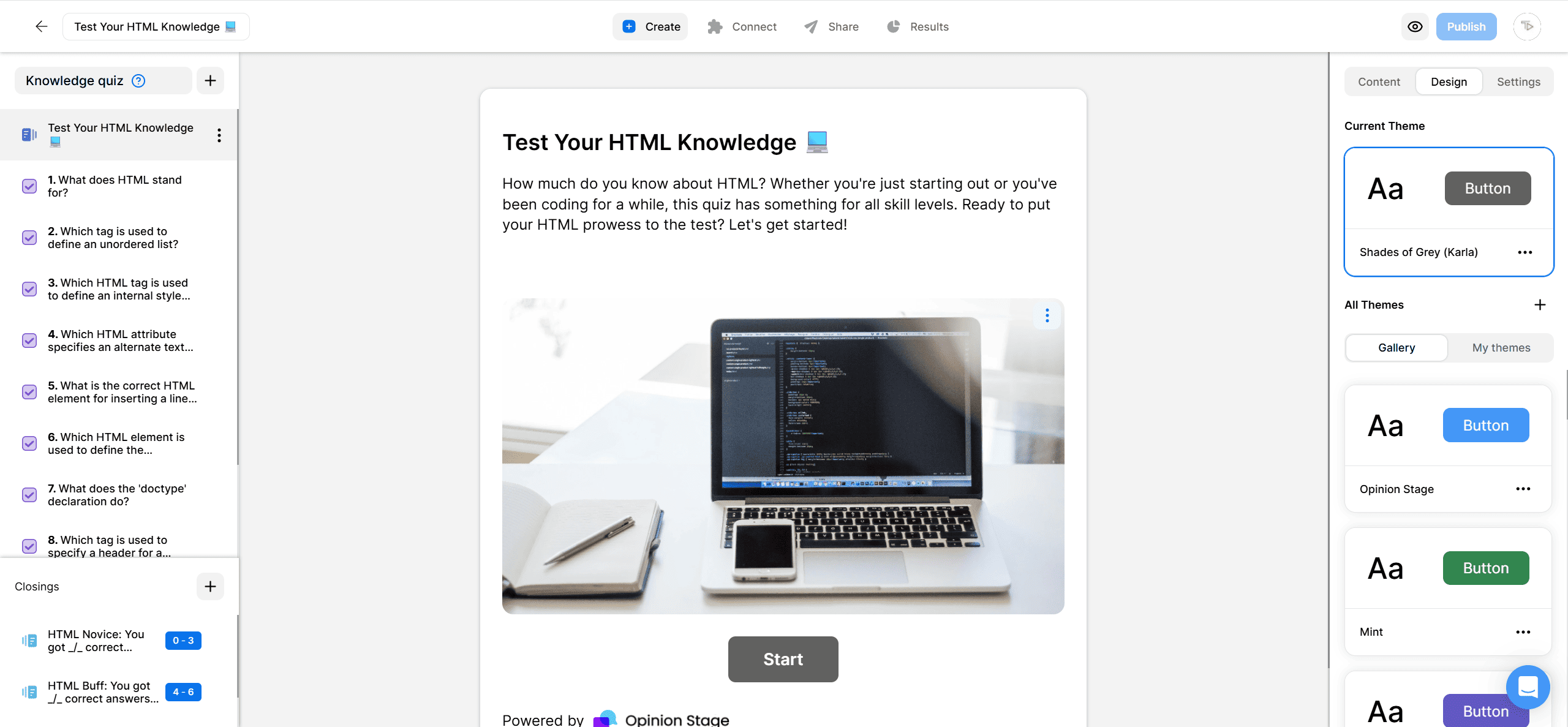 Screenshot of a “Test Your HTML Knowledge” quiz in Opinion Stage. The quiz description invites users to test their HTML skills, and the image shows a laptop displaying code beside a notebook and pen.