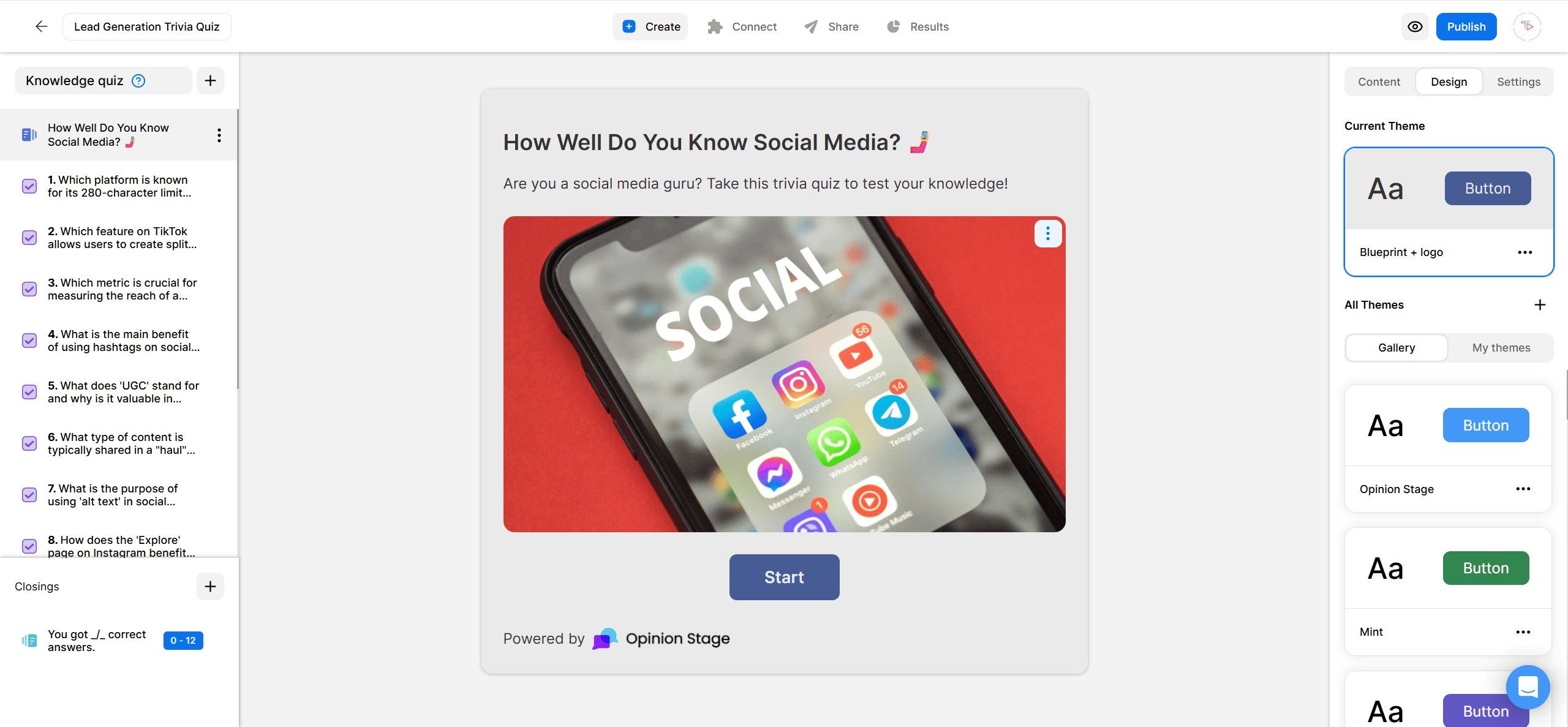 Screenshot of an Opinion Stage knowledge quiz titled ‘How Well Do You Know Social Media?’ showing the quiz cover image of a phone with social media app icons, the Start button, and design theme options on the right panel.