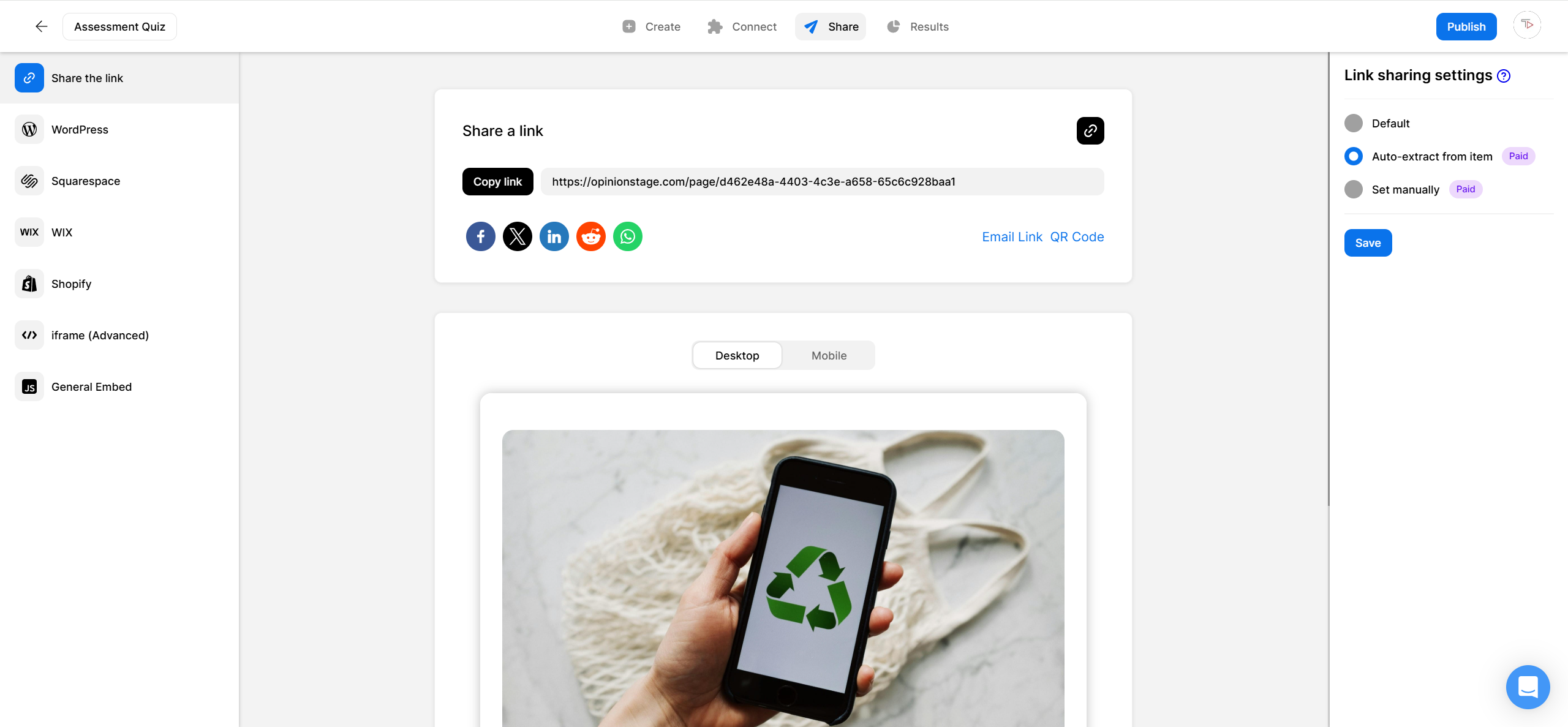 Screenshot of the Opinion Stage quiz editor showing how to share a quiz.