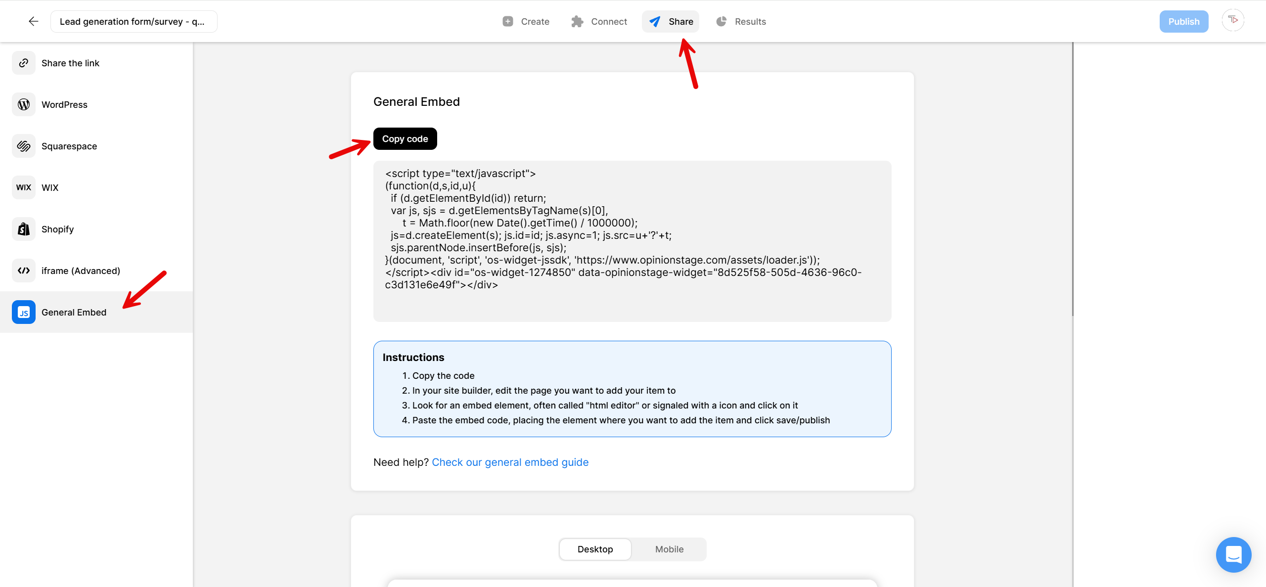 Opinion Stage Share screen showing the General Embed option with a JavaScript embed code, copy button, and step-by-step embedding instructions.