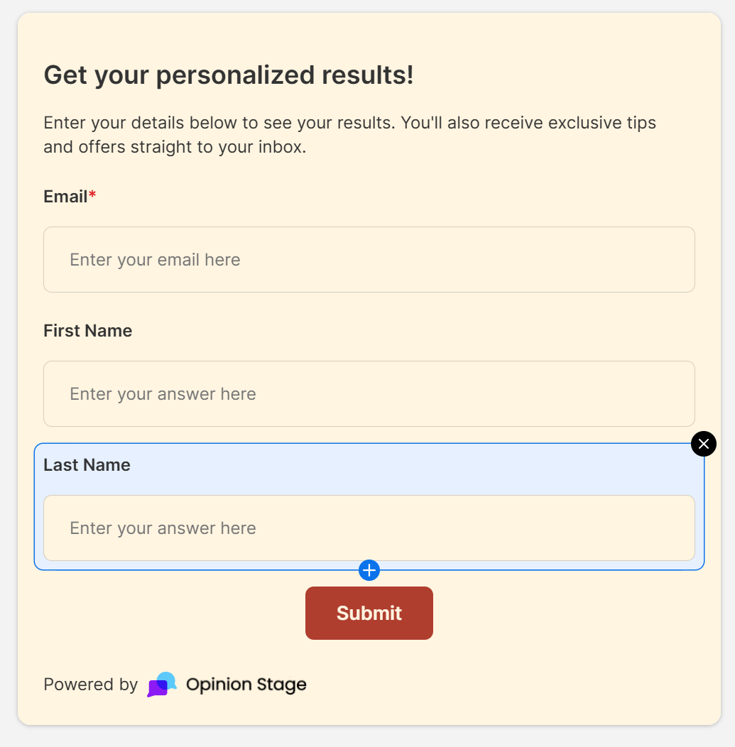 Screenshot of a lead form titled “Screenshot of a lead form titled “Get your personalized results!” showing fields for email, first name, and last name. A red “Submit” button appears at the bottom, with the Opinion Stage logo displayed below.