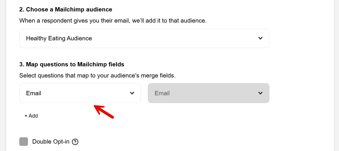 Screenshot of the Mailchimp integration in Opinion Stage showing how to map quiz questions to Mailchimp fields, with the Email field selected.