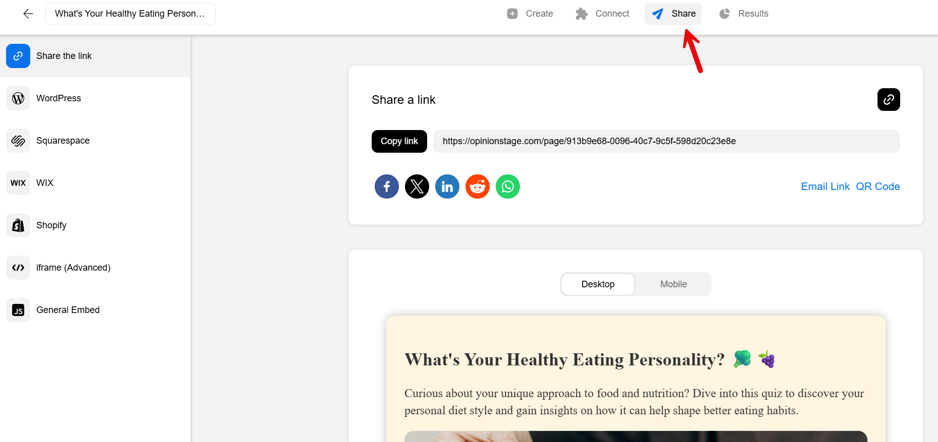 Screenshot of the Opinion Stage Share tab showing the quiz link, social sharing buttons, and embed options in the left sidebar.