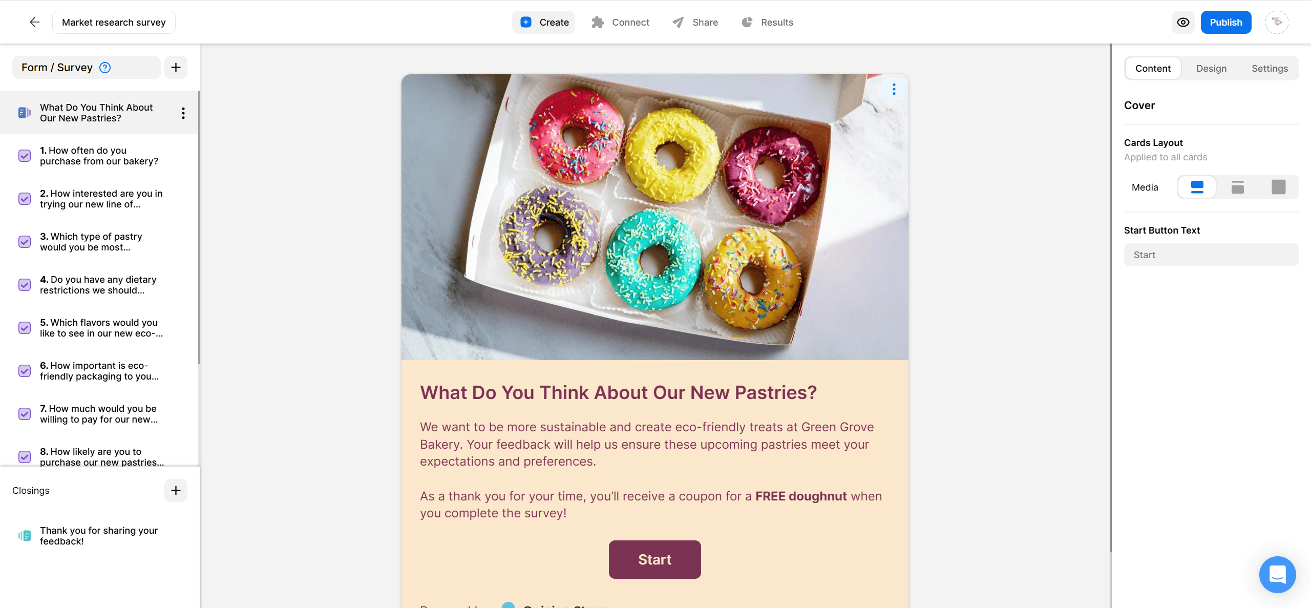 Screenshot of an Opinion Stage market research survey titled ‘What Do You Think About Our New Pastries?’ featuring a photo of colorful doughnuts, an introductory description about eco-friendly treats, and a purple Start button.