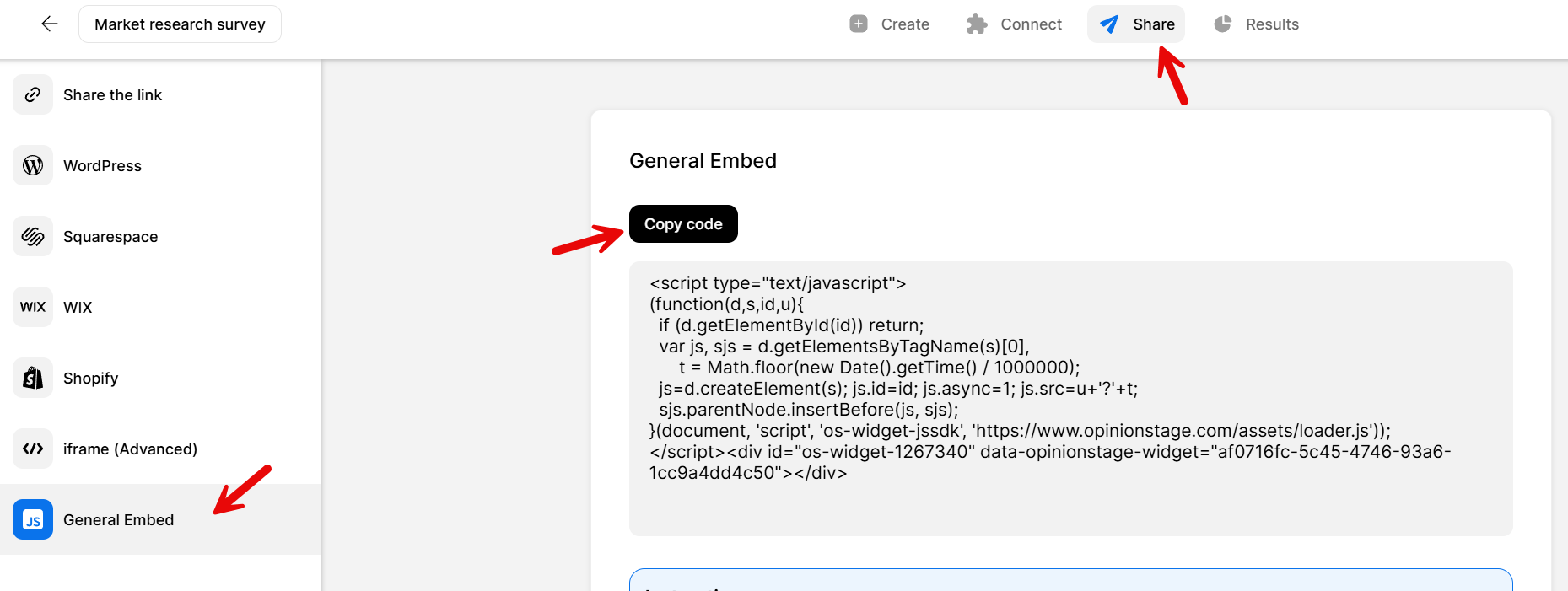 Opinion Stage Share screen with the General Embed option selected, showing the copy-code button and the JavaScript embed code for a market research survey.