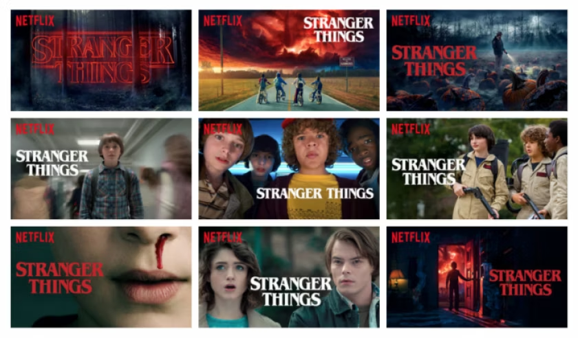 Collage of different Netflix thumbnails for the series Stranger Things, featuring various characters and scenes used for personalized artwork shown to different viewers.