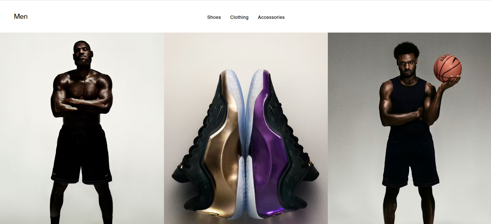 Collage showing men’s athletic apparel and basketball shoes — two male athletes in sportswear alongside a pair of black, gold, and purple sneakers — representing Nike’s men’s collection.