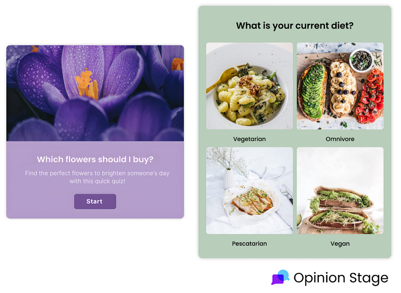 Examples of interactive quizzes created with Opinion Stage, including a ‘Which flowers should I buy?’ quiz and a diet quiz with options like vegetarian, omnivore, pescatarian, and vegan.