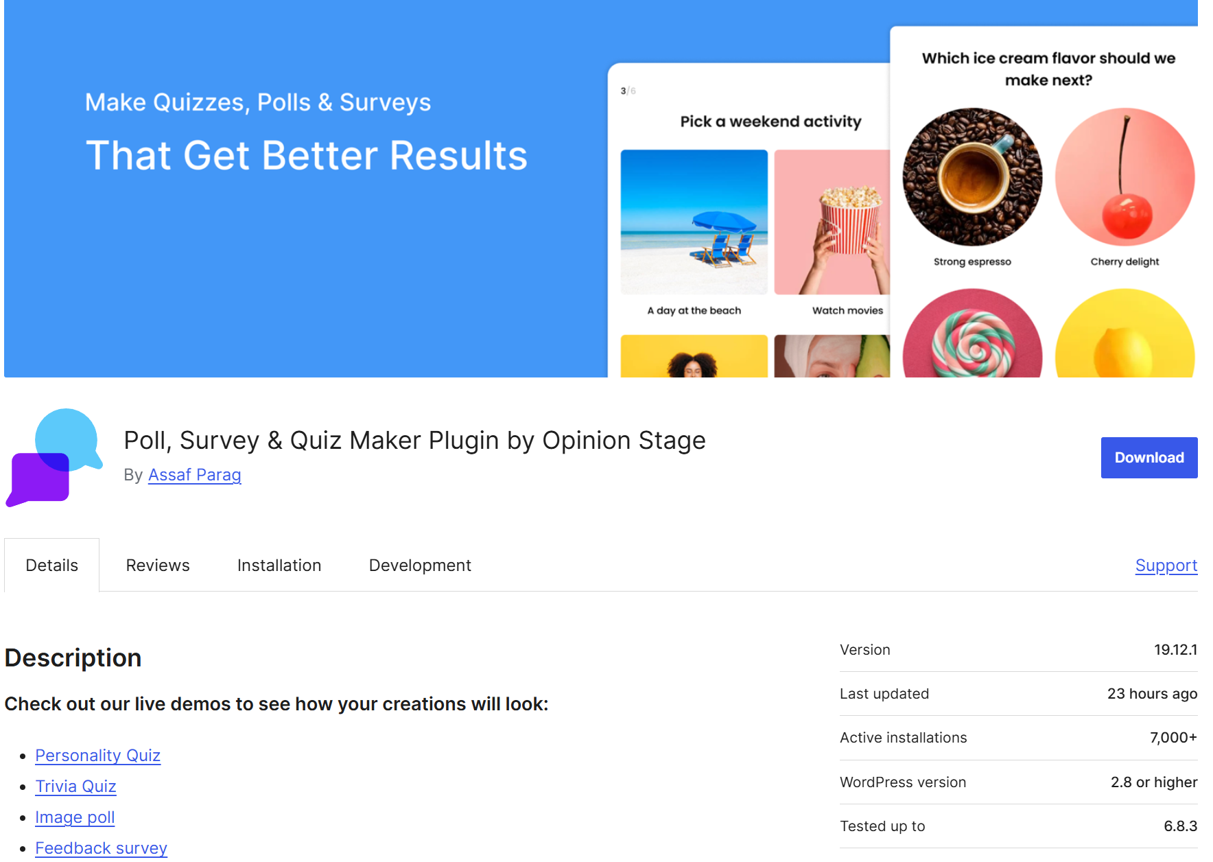 Screenshot of the Opinion Stage Poll, Survey & Quiz Maker WordPress plugin page, showing the banner with example quizzes, the plugin title, download button, description, and plugin details such as version, last updated time, and active installations.