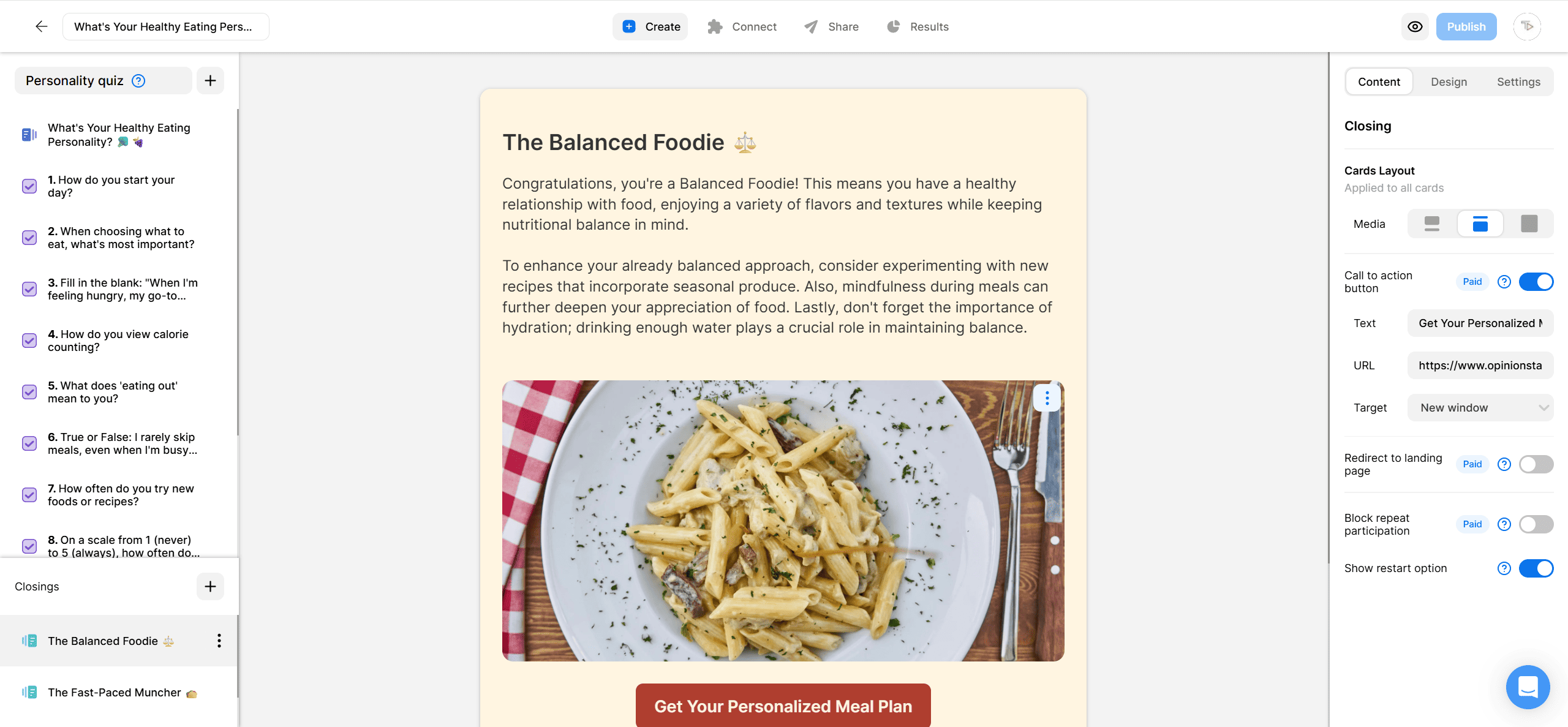 Screenshot of a “Healthy Eating Personality” quiz results page in Opinion Stage. The result is titled “The Balanced Foodie,” describing a user with a healthy relationship with food. The image shows a plate of creamy pasta on a wooden table with a fork and knife beside it.